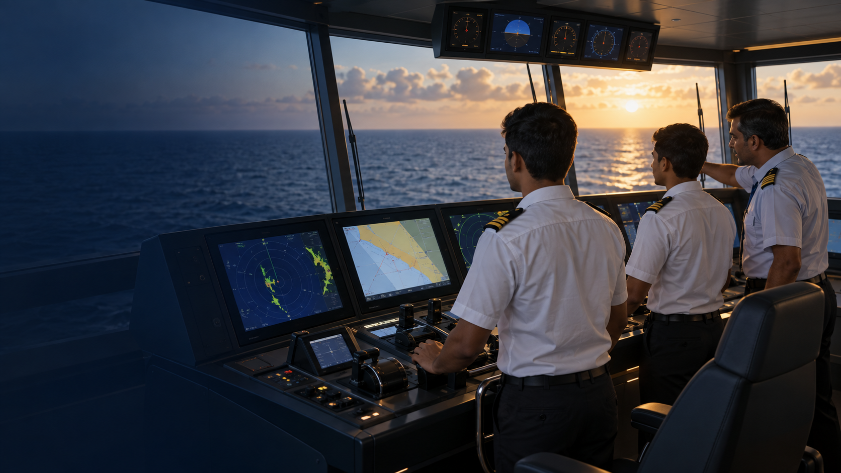 Illustrative maritime bridge training with learners and an instructor